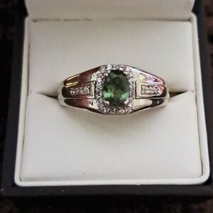Green Apatite With Natural White Zircon accent Men's Ring.